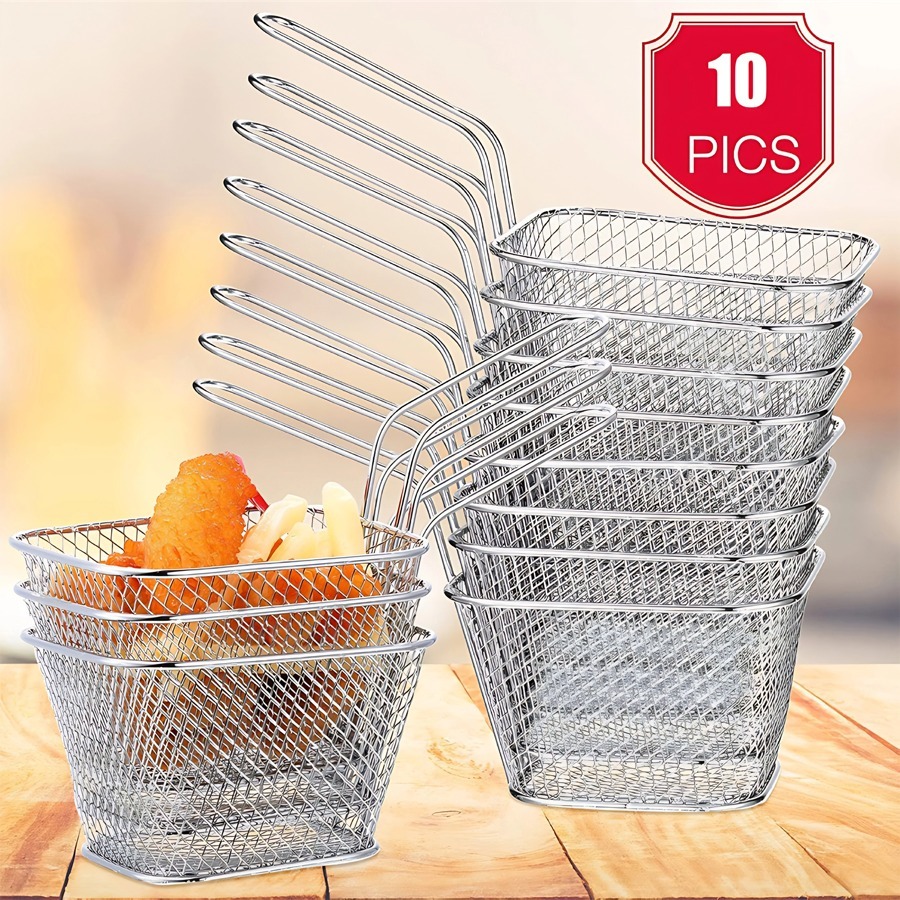 Kit 10 Mini Cestos de Frituras com Alça Servidor de Petiscos Snacks Para Hamburguerias Bares e Restaurantes