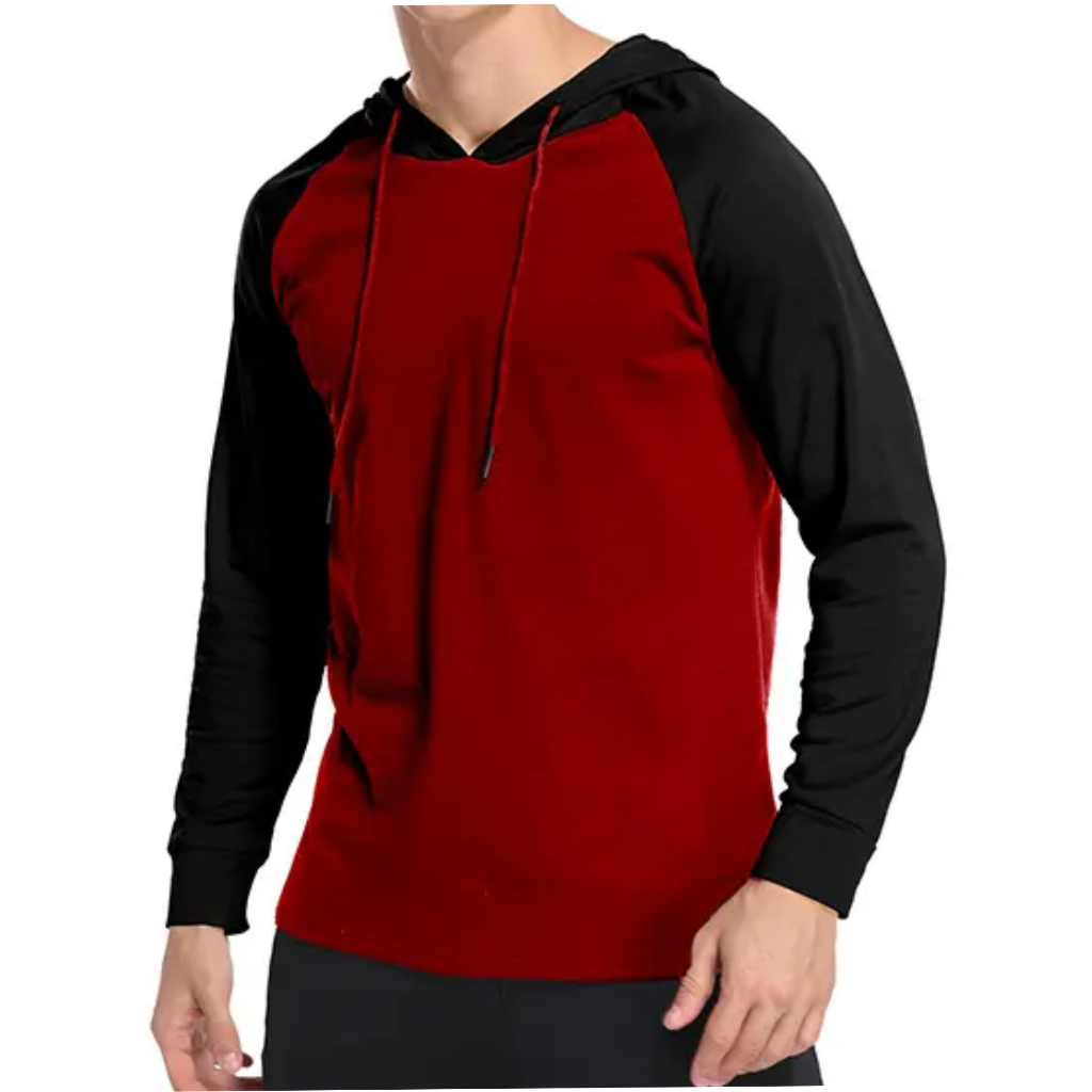CAMISETA RAGLAN MANGA LONGA COM CAPUZ E CORDÃO 100% ALGODÃO