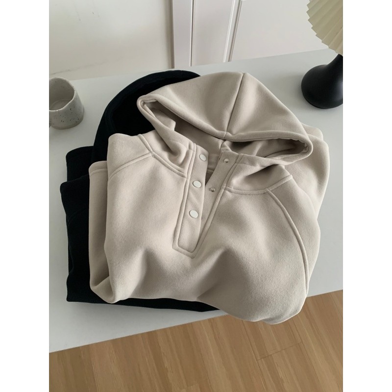 Simples Metal escondido botão meia palma com capuz pulôver moletom solto Casual versão coreana manga Raglan velo