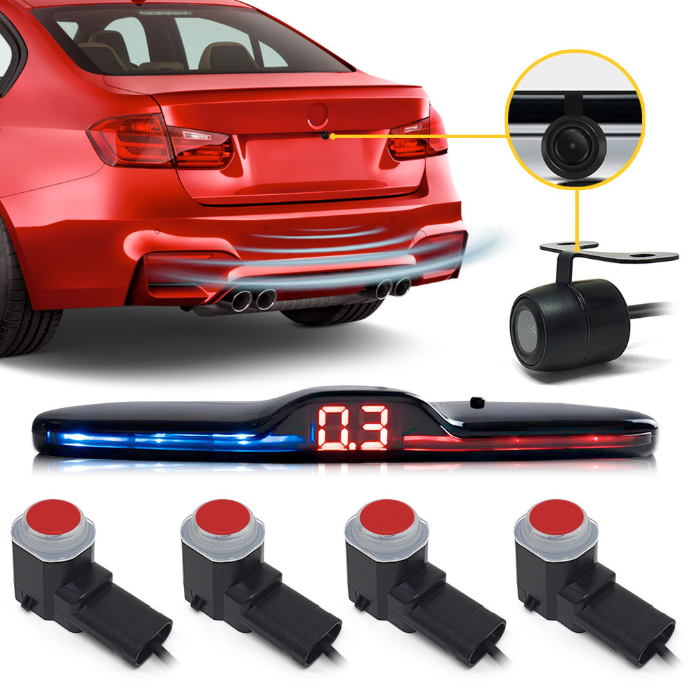 Kit Sensor de Ré OEM Vermelho + Câmera Ré Jeep Renegade 2015 2016 2017 2018 2019 2020 Padrão Fábrica S/ Bordas Liso