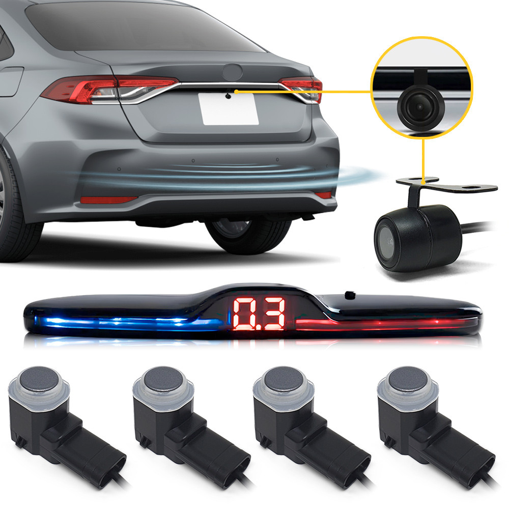 Kit Sensor de Ré OEM Grafite + Câmera Ré Sentra 2014 2015 2016 2017 2018 2019 2020 Padrão Fábrica S/ Bordas Liso