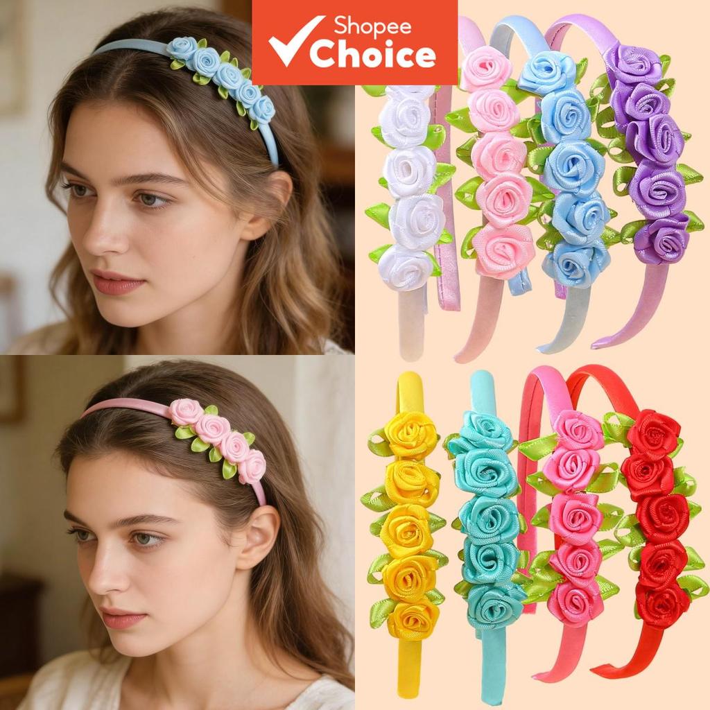 Conjunto De Faixa De Cabeça Rosa Folha Verde – 4 Peças De Faixas De Cabelo Florais Para Festa , Escola , Acessórios De P