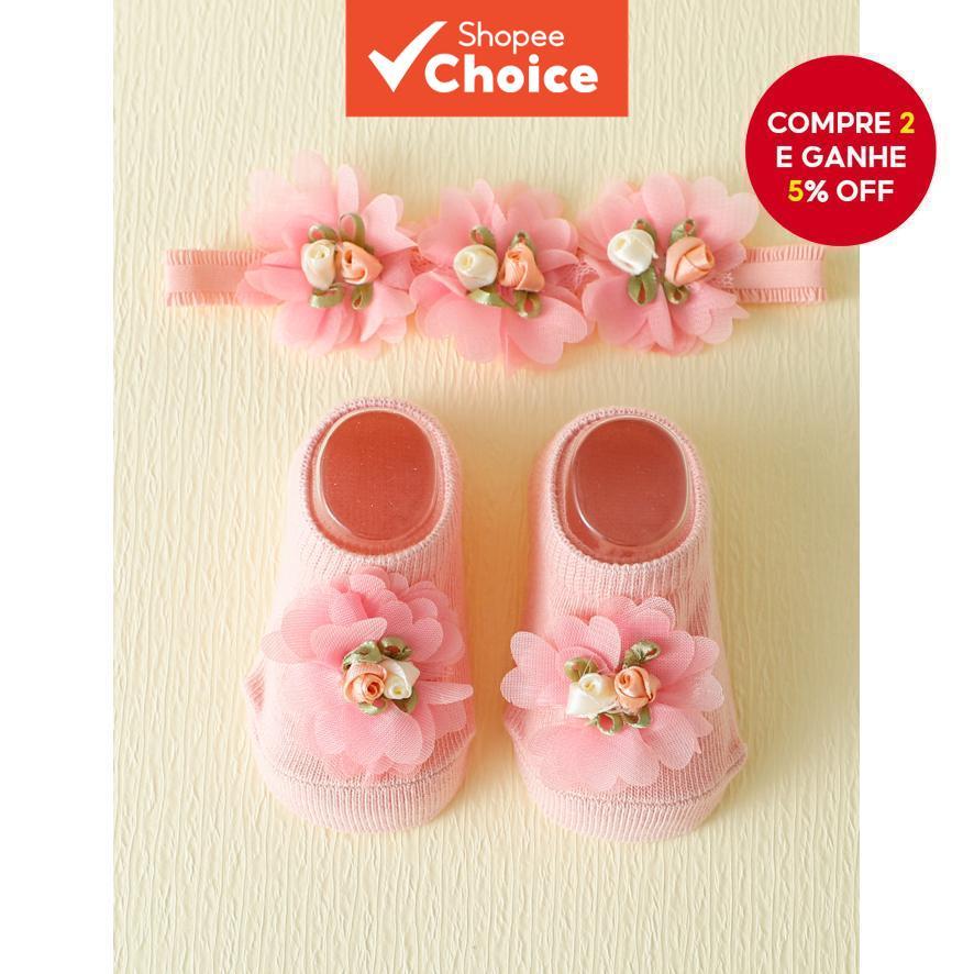 Conjunto de Faixa de Cabelo Floral e Meias Antiderrapantes para Bebê, Ideal para Comemoração do Mês Cheio, Primeiro