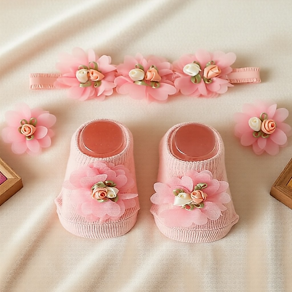 Conjunto de faixa de cabelo floral e meias antiderrapantes florais para bebê menina, para o Mês Completo, 1o Aniversário