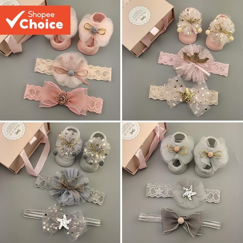 Conjunto De Faixa E Meias Com Laço De Renda Para Bebês Meninas , Acessórios Florais De 3 Peças Cabelo