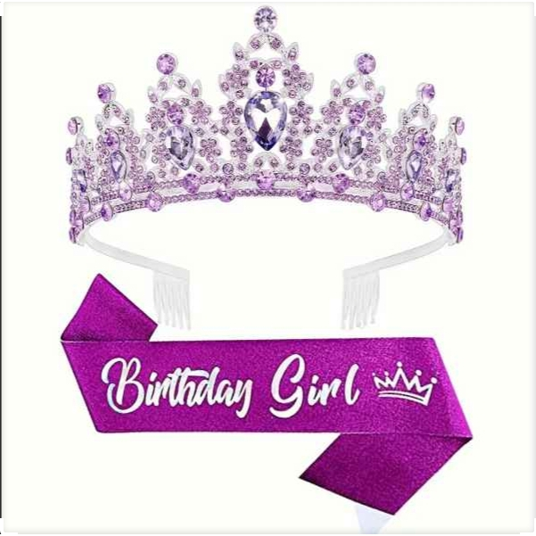 Conjunto de COROA CRISTAL ROXA + FAIXA BIRTHDAY GIRL Coroa de Cristal ROXA Luxuosa e Brilhante + Faixa Aniversário