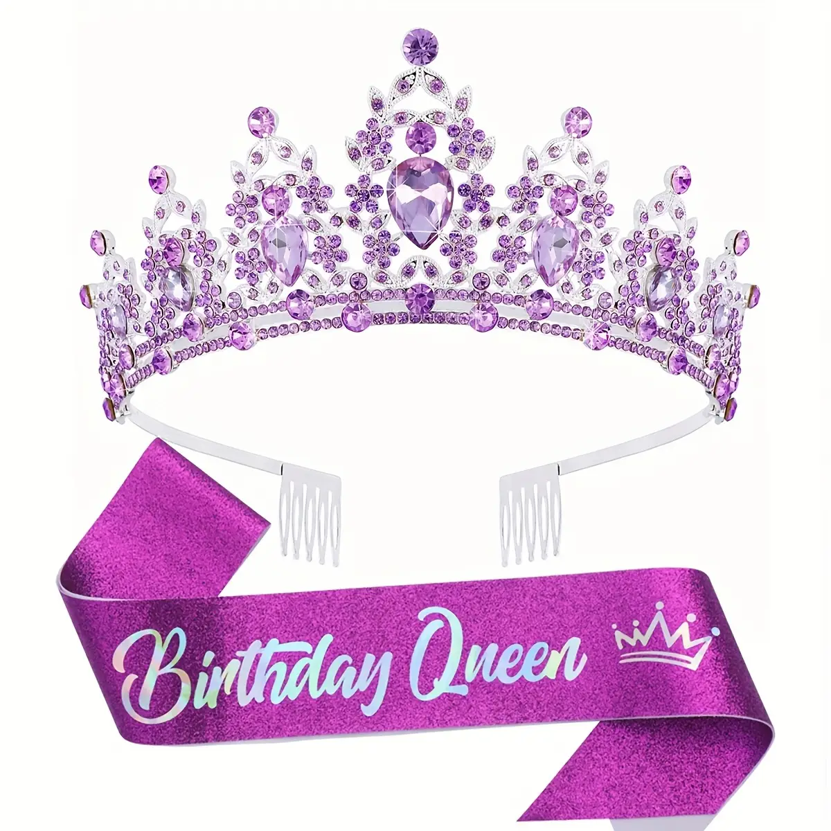 Conjunto de COROA CRISTAL ROXA + FAIXA BIRTHDAY QUEEN Coroa de Cristal ROXA Luxuosa e Brilhante + Faixa Aniversário