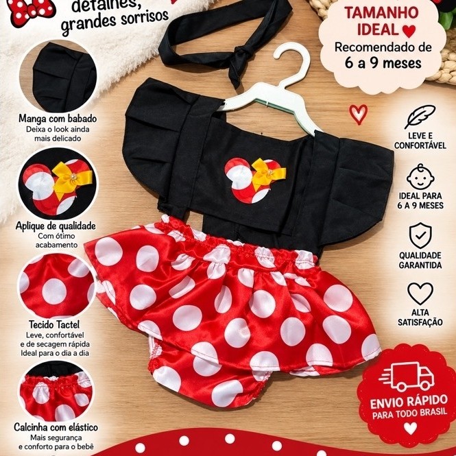 Romper body Minnie Bebê Menina 6 a 9 Meses Fantasia Minnie Mouse Conjunto Infantil Roupa Bebê com Faixa de Cabelo