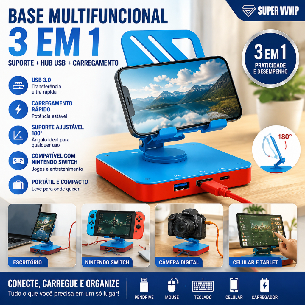 Suporte Dock Station 3 em 1 360° HUB USB Tipo C Compatível com Nintendo Switch, Celular, Tablet e Notebook