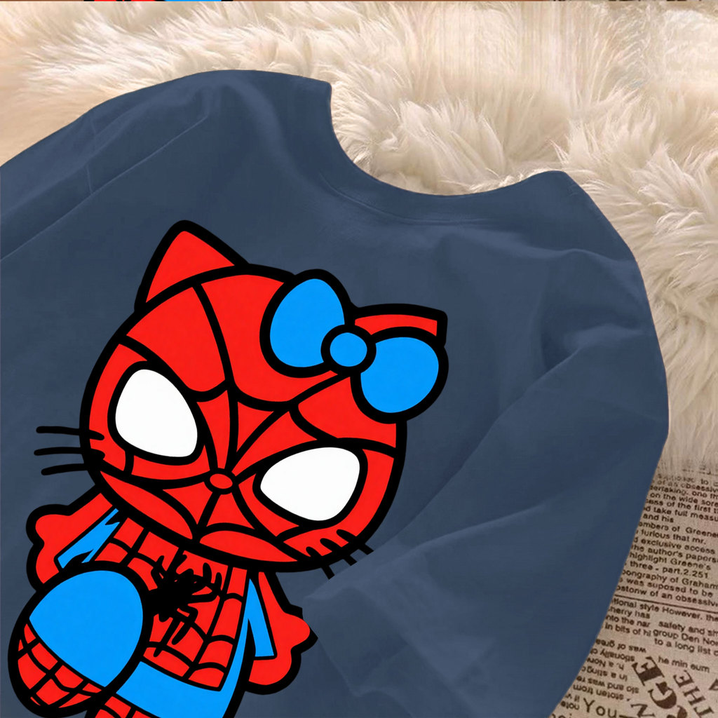 [Camiseta Premium Algodão]JOJO Camiseta Feminina Oversized Streetwear, Combinando Hello Kitty e Homem-Aranha, 100% Algod