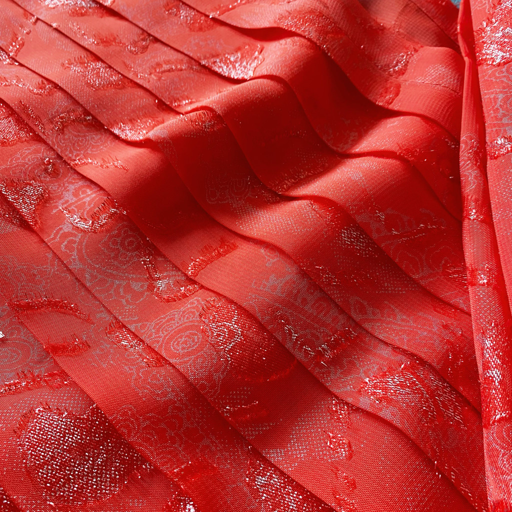 [Huainan Hill] Vermilion Caju Flor Quente Prata Corte Flor Chiffon Tecido Hanfu COS Tecido