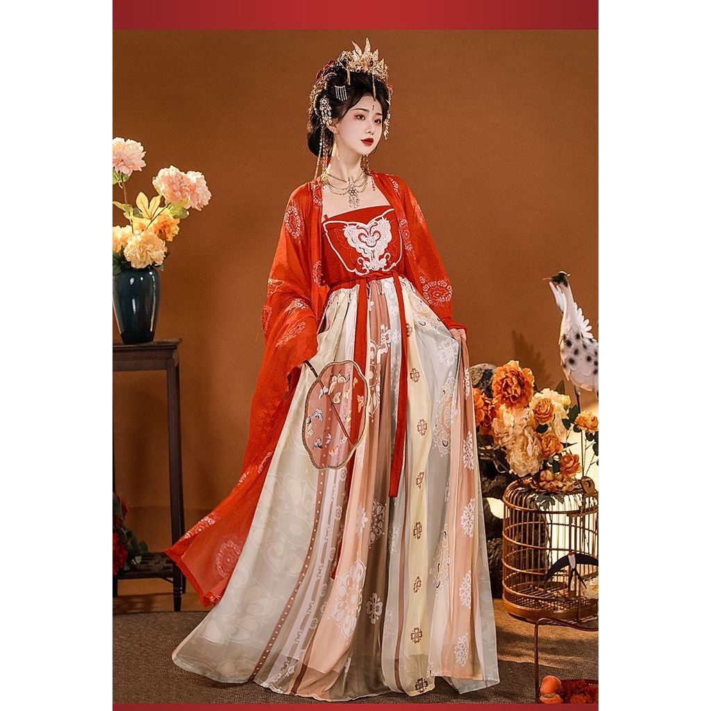 Vermelho Hanfu feminino Tang-feito camisa de manga grande bordado saia na altura do peito estilo chinês vestido Retro CO