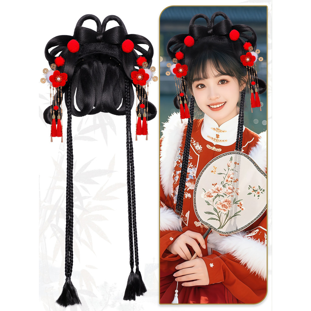 Doce menina estilo acessórios de cabelo Bun Hanfu tudo-em-um peruca saco cos pequeno deus da riqueza estilo de ano novo