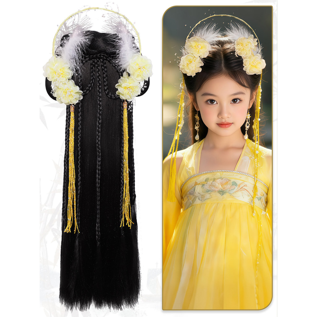 Crianças Hanfu uma peça preguiçoso bandana peruca traje longo borla acessórios COS fada Bun conjunto de jóias