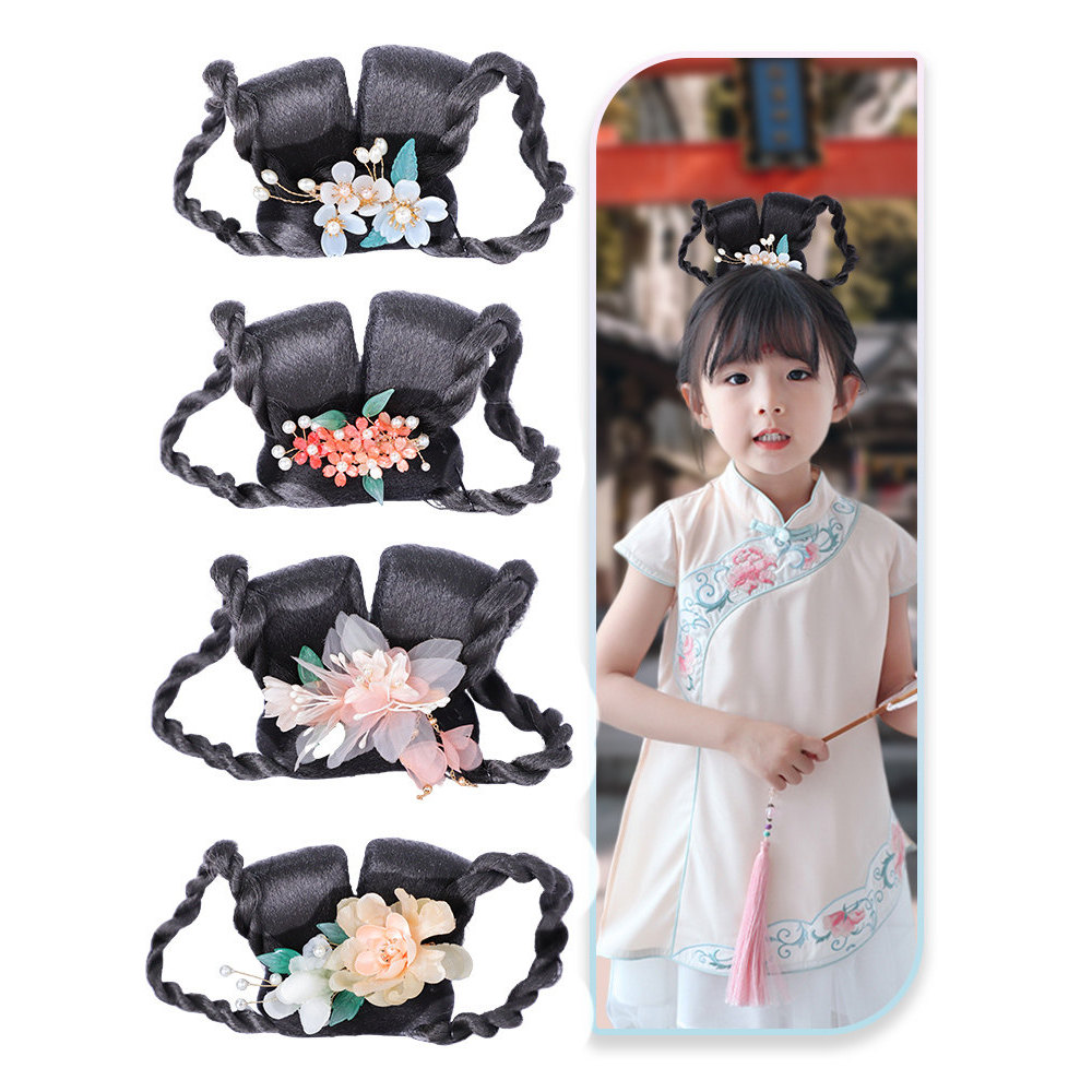 Crianças desempenho saco de cabelo traje peruca estilo antigo Hanfu cabelo Bun Headdress conjunto combinação COS desempe