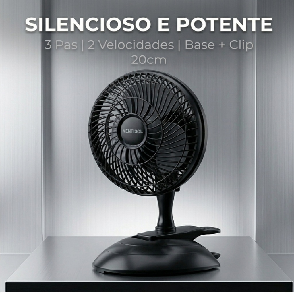 Mini Ventilador Pessoal Silencioso e Potente 220v Ventisol 20cm 3 Pás Preto Clip Portátil De Mesa