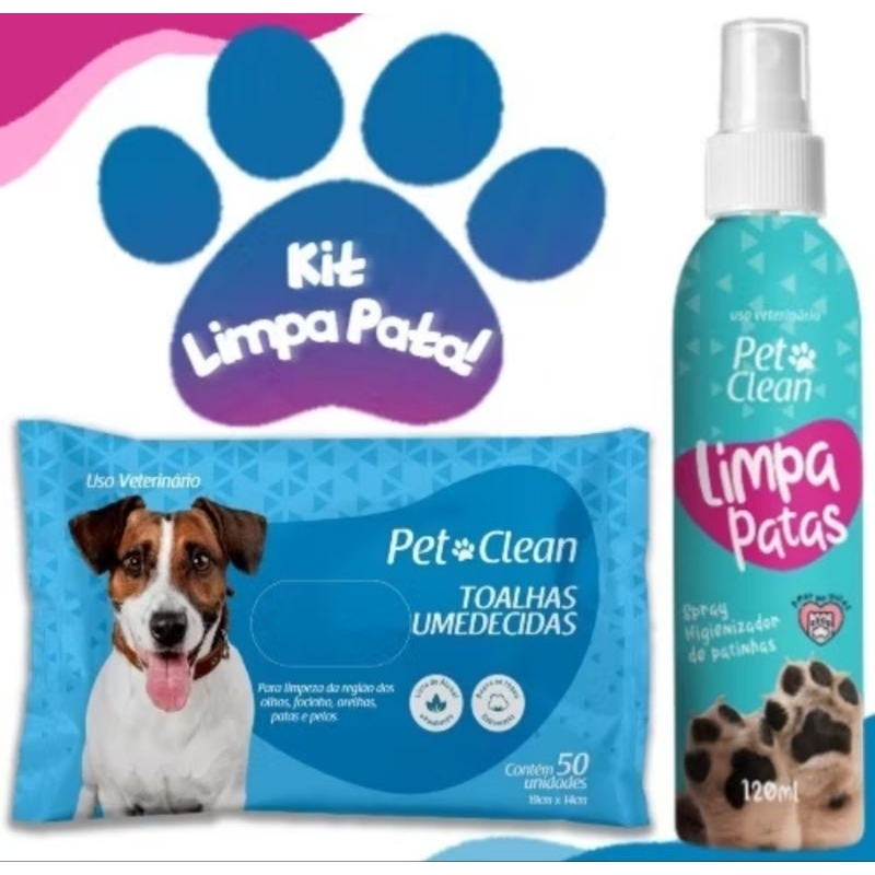 Lenço Umedecido + Limpa Patas Spray c Cheirinho de Bebê 120 mL para Cães e Gatos Pet Clean Uso Veterinário