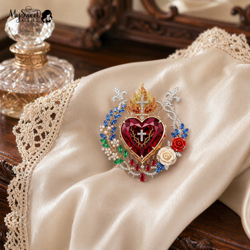 Heart Brooch Christian Faith Pin 1 or 2 Pcs Radiant Floral for Women Vintage Style Faux Gemstone Jewelry Gift for Mother