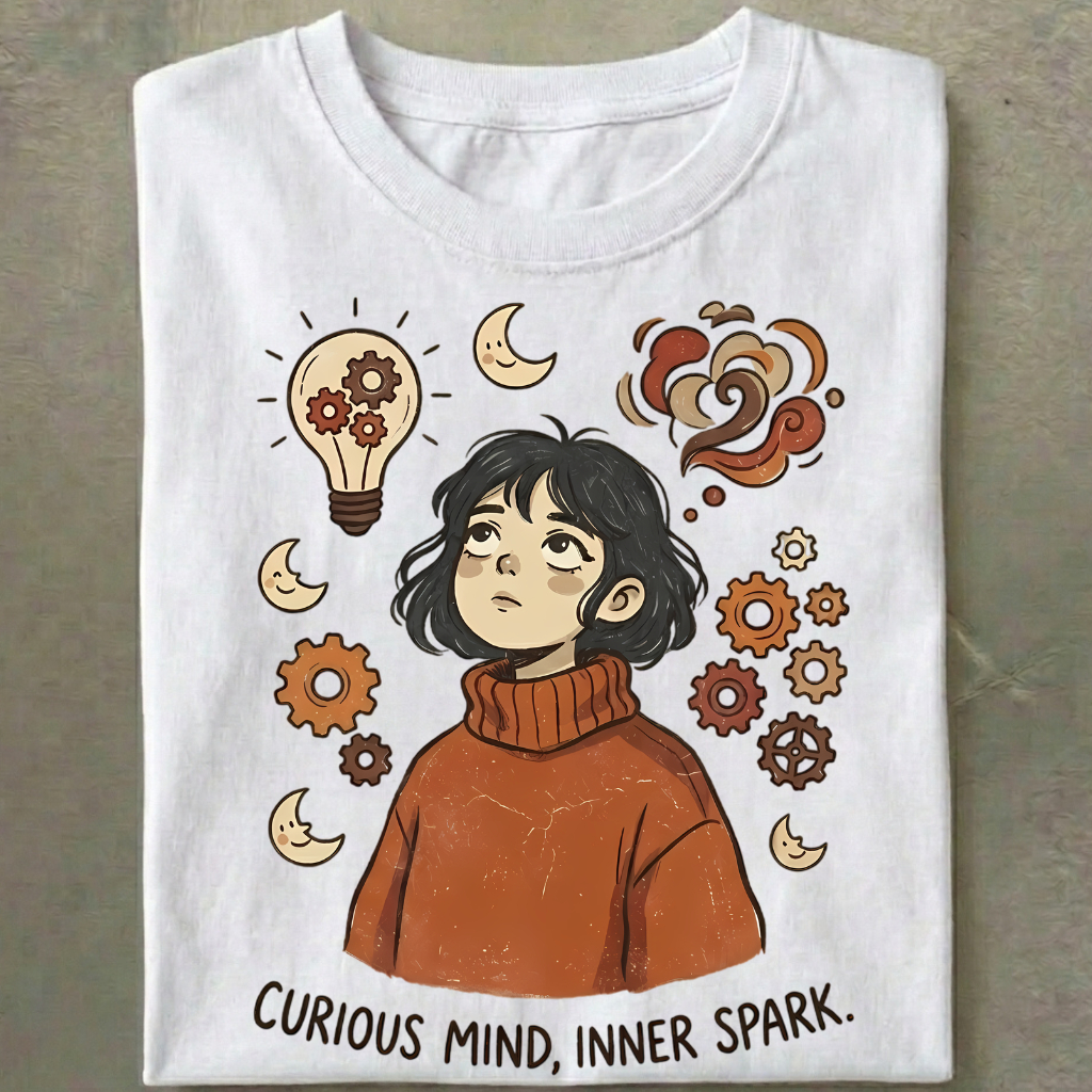 Camiseta Curious Mind Anime Cute Menina Inteligente Casual Caimento Soltinho Girl Aesthetic