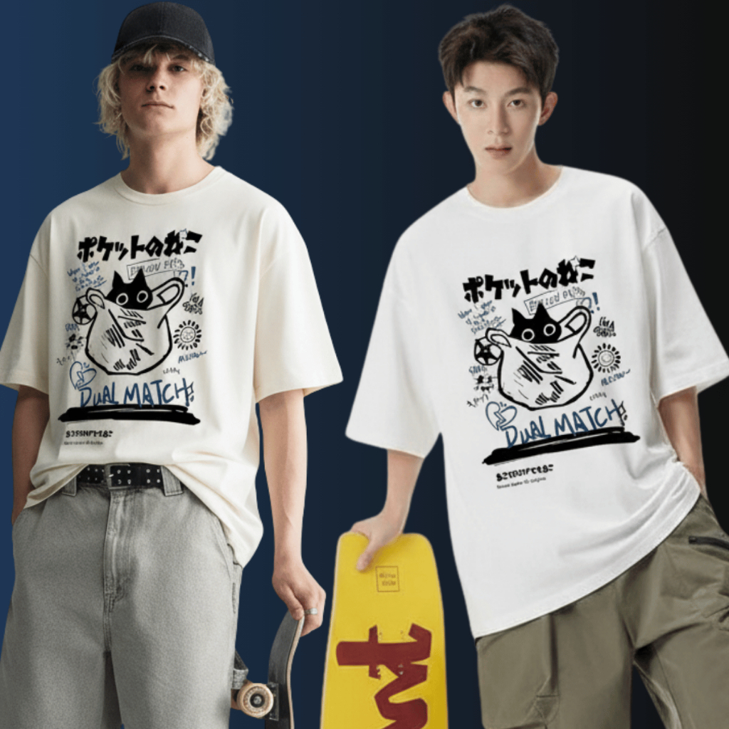 Camiseta Oversized Streetwear Skatista Gato Dual Match Camisa Anime Aesthetic 100% Algodão