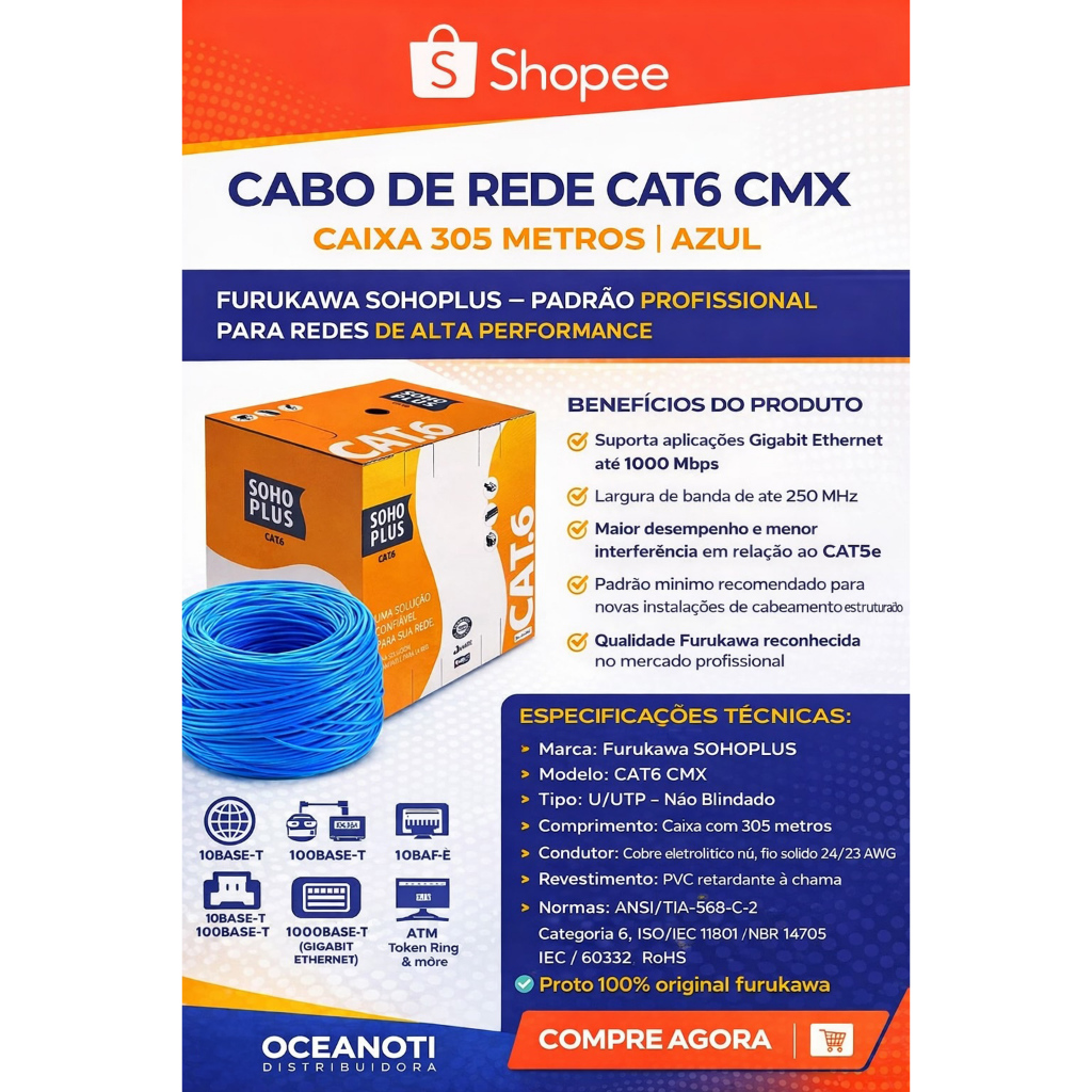 Cabo De Rede Azul Utp Rj45 Cat6 Furukawa Sohoplus CAIXA 305MTS - FURUKAWA SOHOPLUS