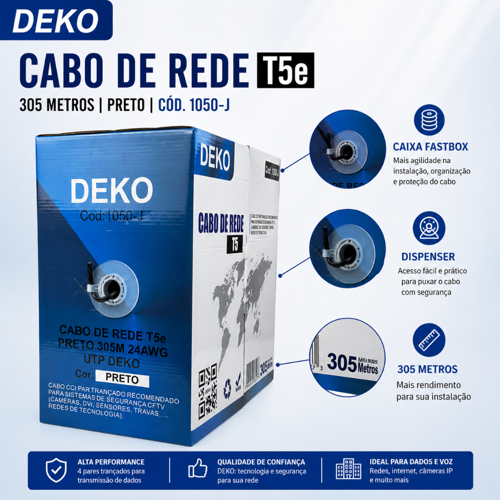 Cabo de Rede CAT5e Caixa 305metros Preto DEKO para Internet e CFTV