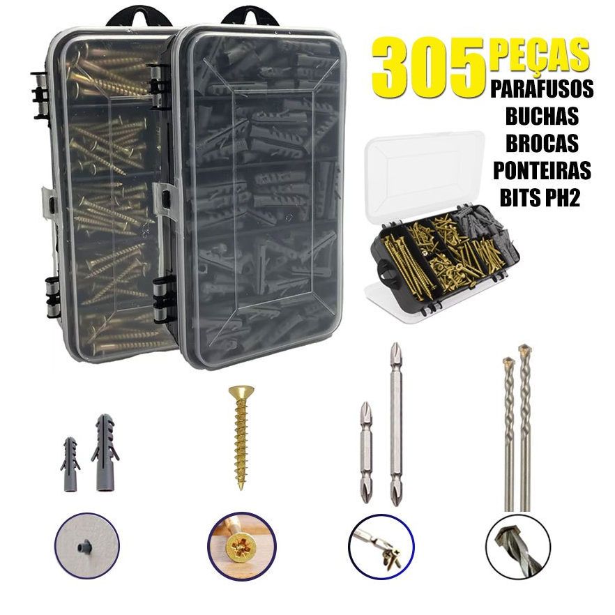 Kit Combo Parafusos e Buchas Brocas Ponterias Bits Imã  Phillips Maleta estojo organizador 305pcs