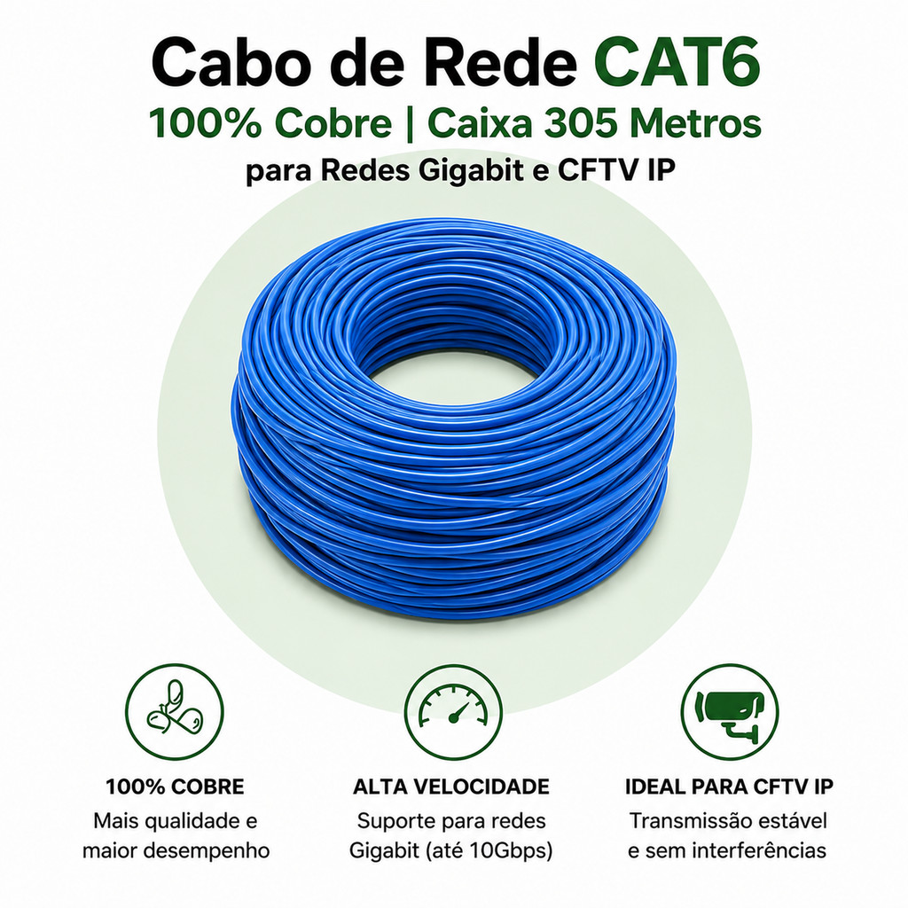 Cabo de Rede CAT6 100% Cobre Caixa 305 Metros para Redes Gigabit e CFTV IP