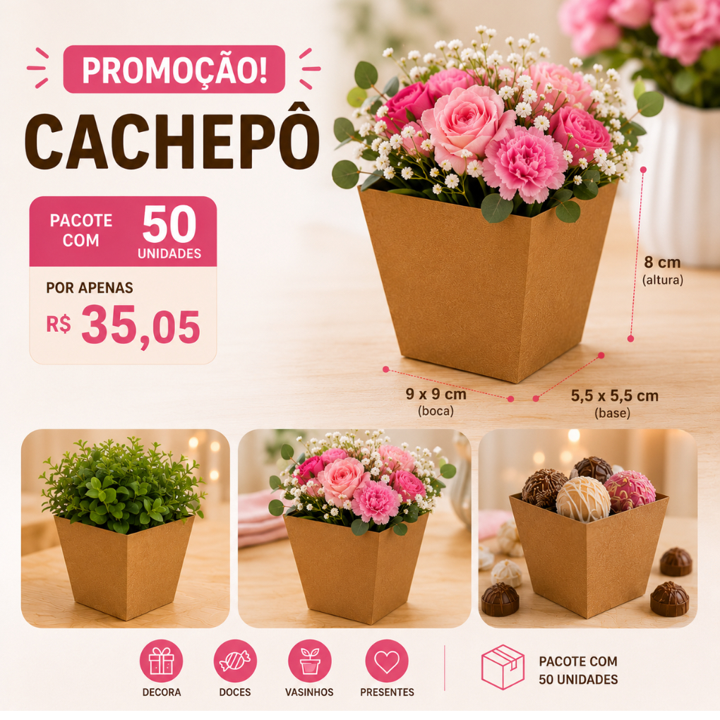 Cachepô Papel Kraft 9x9x8cm Pacote 50 Unidades |Lembrancinha Festa Doces Artesanato305 MM FESTAS