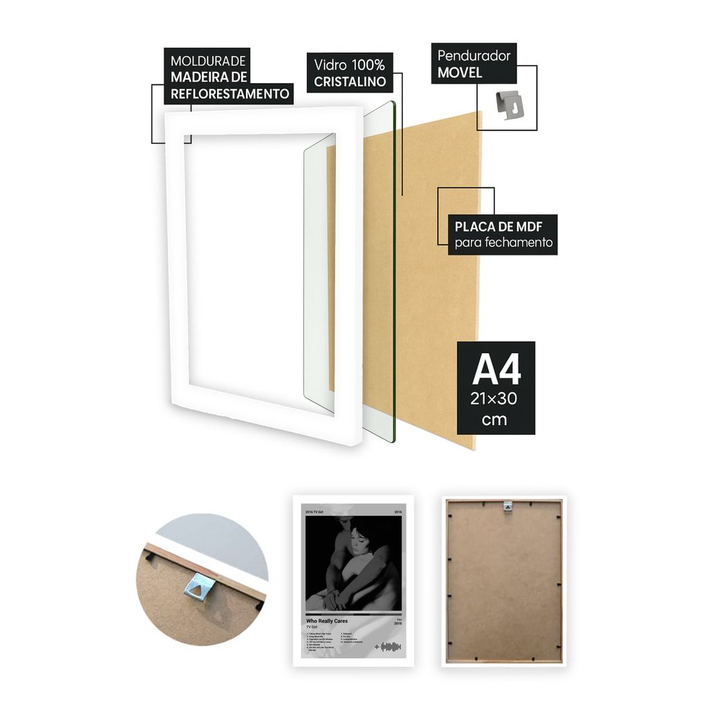 Quadro TV Girl Who Really Cares (Black&white) Com Vidro Branca