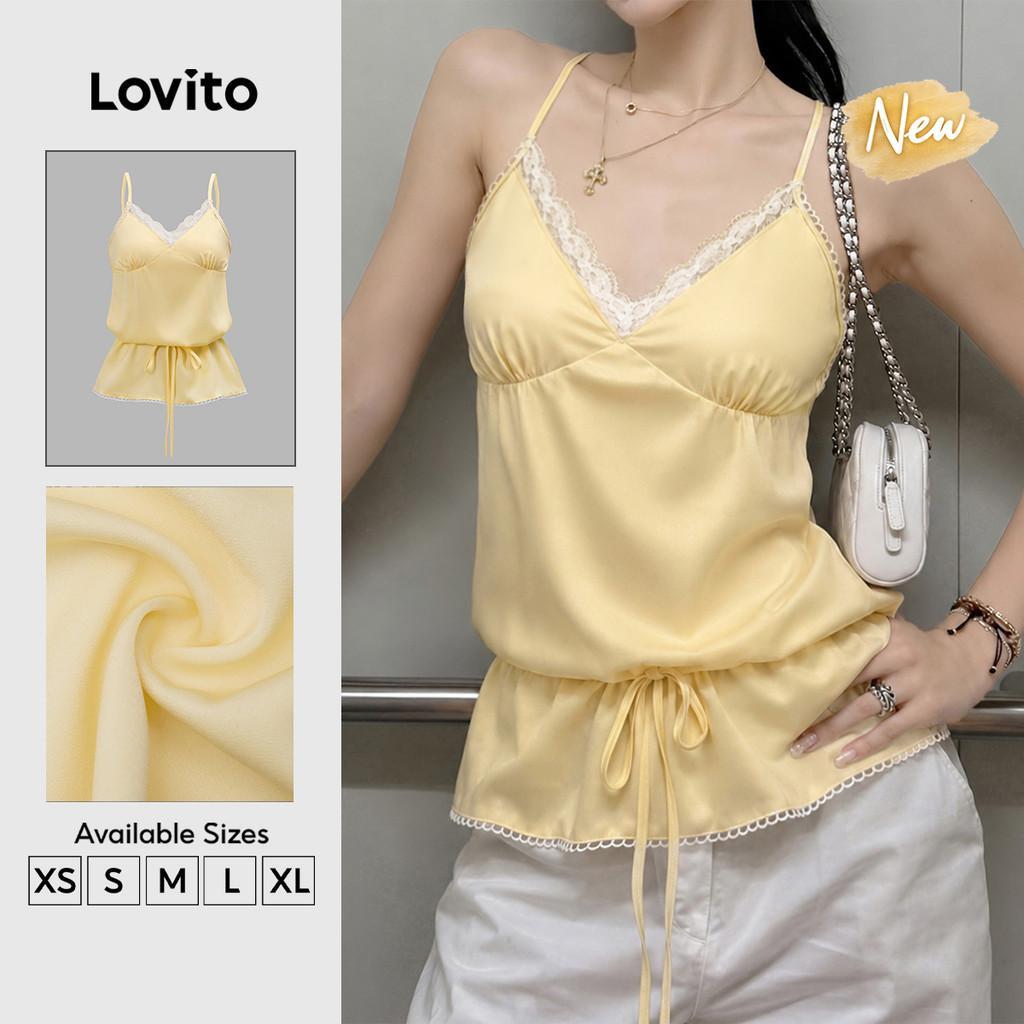 (New Arrival) Lovito Sleeveless Spaghetti Strap Ruffle Neck Lace up Workwear Light Yellow Top for Women TKT205P2D039