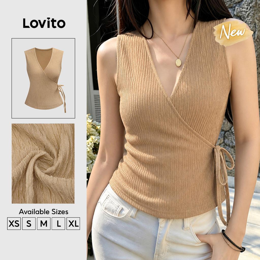(New Arrival) Lovito Women 'S Brown Sleeveless V Neck Lace up Wrap Spring/summer Workwear Top TKB205P2D327