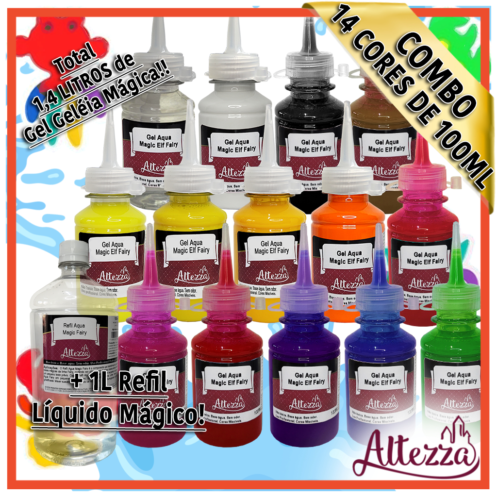 Combo Aqua Fairy Elf Gel Geleia Magica Squishy - 14 cores de 100ML (1,4L para brincar) + 1L Refil Concentrado Aqua Magic