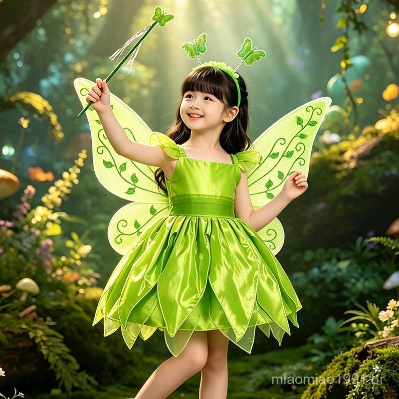 Tinker Bell Costume for Girl Little Elf Princess Dress Green Flower Fairy Dress Children's Performance Dress 2-10Y