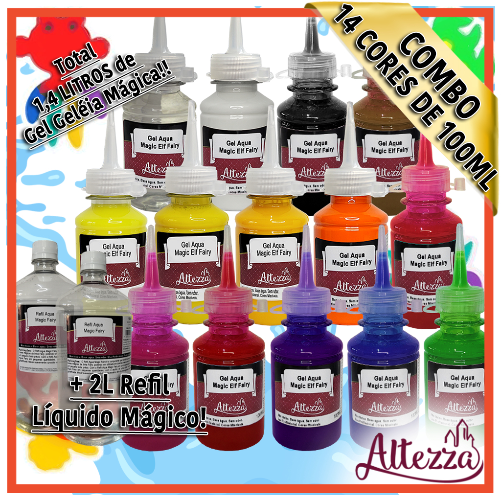 Super Combo Aqua Fairy Elf Gel Geleia Magica Squishy - 14 cores de 100ML (1,4L para brincar) + 2L Refil Aqua Magic