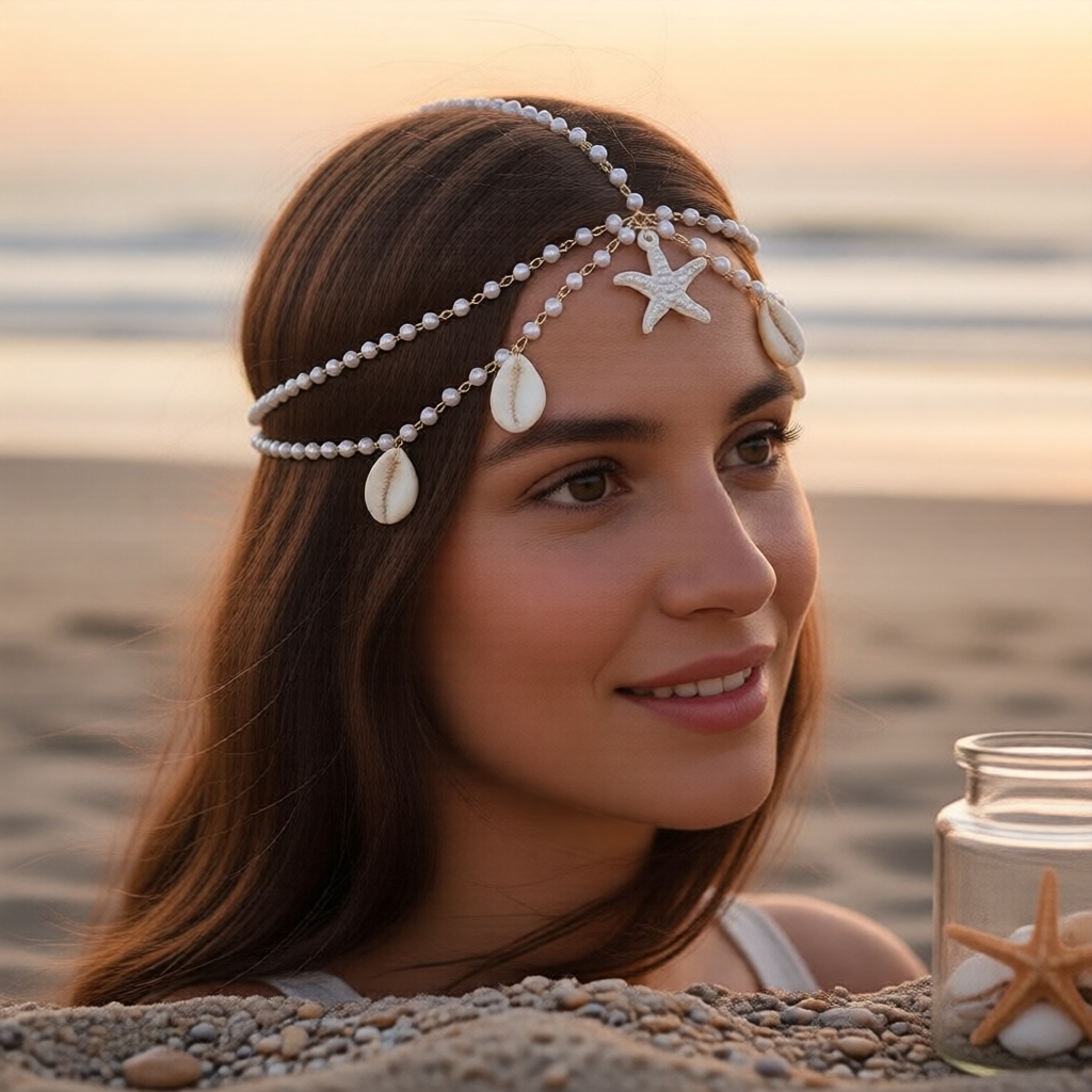 Faixa de Cabelo Sereia de Verão com Pérola e Estrela-do-mar – Joia Feminina em Concha de Imitação Banhada a Ouro