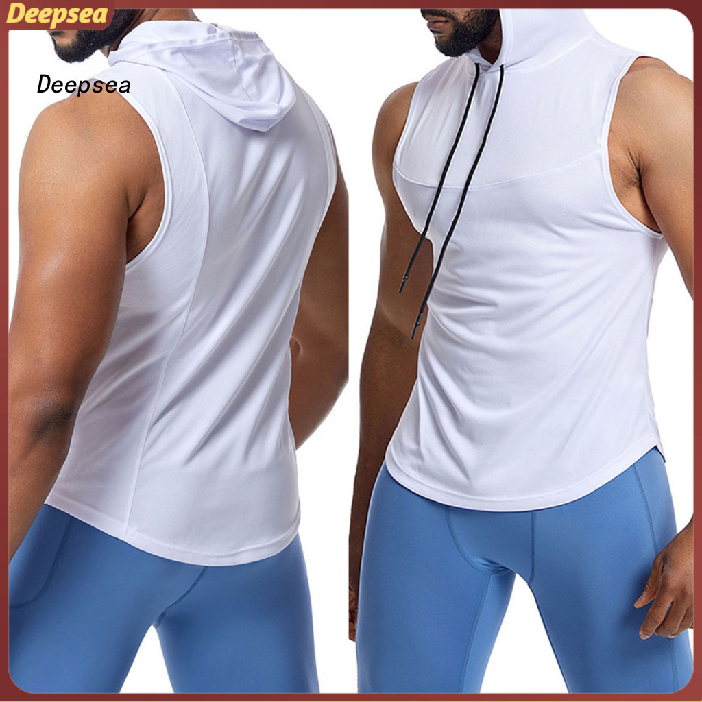 Men's Hooded Mesh Tank Top Breathable Drawstring Muscle Vest Casual Solid Color Gym Outdoor Sportswear for Southeast Asi