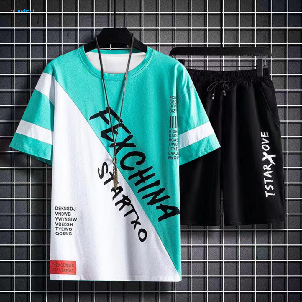 Men Sportswear Set T-shirt Shorts Men's Summer 2pcs Casual O-neck Short Sleeve Elastic Waist Drawstring with Pockets for
