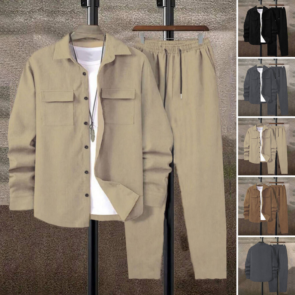 Casual Coat Elastic-waisted Trousers Set Matching Two-piece Men's 2-piece Sportswear – Lapel Long Sleeve Jacket with F