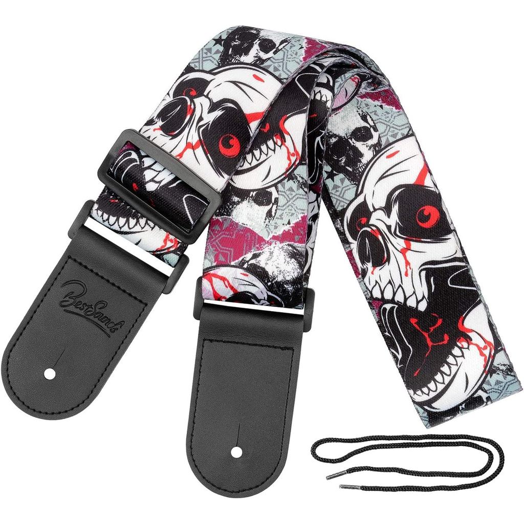 Skull Guitar Strap Leather Ends Guitar Shoulder Strap for Bass, Electric, Acoustic Guitars, Best Gift for Men Women