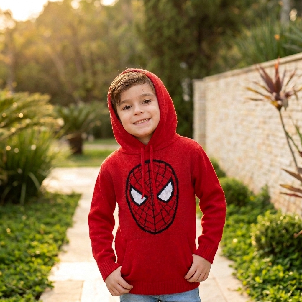 Blusa Moletom Menino Criança Capuz Cordão Homem Aranha Cara Bolso Canguru Barra Punho Canelado