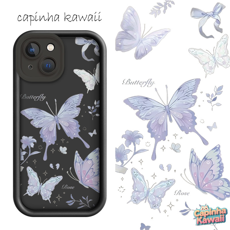 Capinha capa kawaii iPhone15 14 13 12 11 pro max iPhone 6 7 8 6s XS XR MAX Plus elegante borboleta