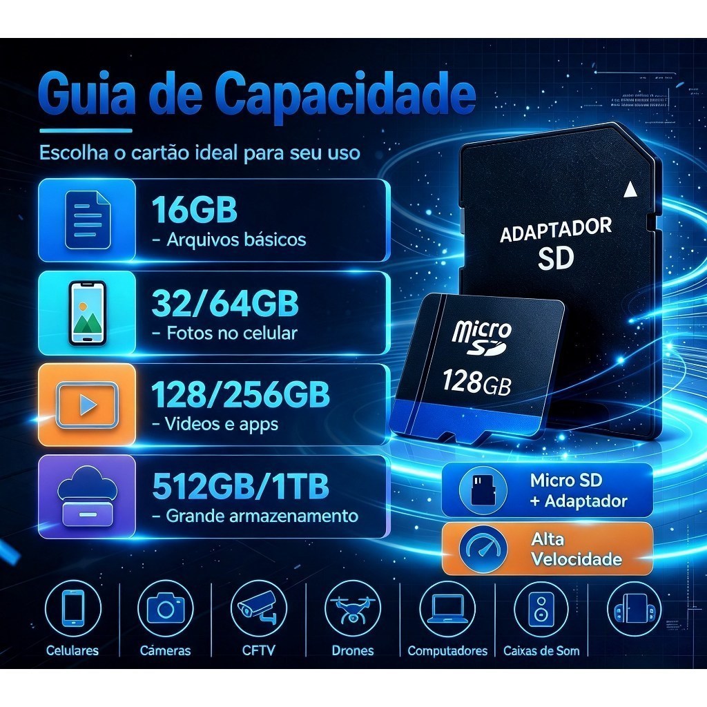 Cartão Micro SD 16GB / 32GB / 64GB / 128GB / 512GB  Ultra Classe 10 – Alta Velocidade p / Câmera CFTV e Drone N1
