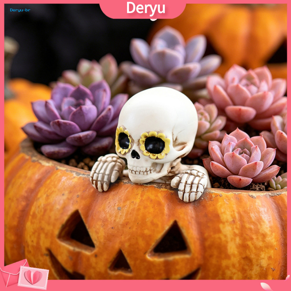 Skull Flower Pot Hugger Halloween Plant Decor Skeleton Resin Planter with Eyes – Mini Garden Decoration Indoor Outdoor