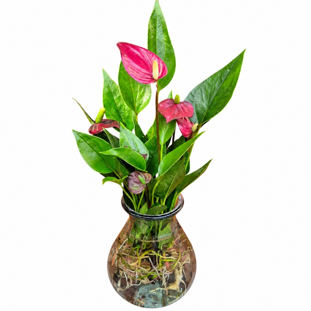 Kit Rubi com Antúrio Mini Million Flowers e Vaso de Vidro Petra