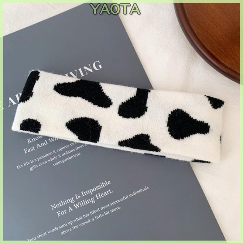 Yao Feminino Malha Bandana Preto Branco Panda Elástico Largo Hairband Yoga Esporte Estiramento H