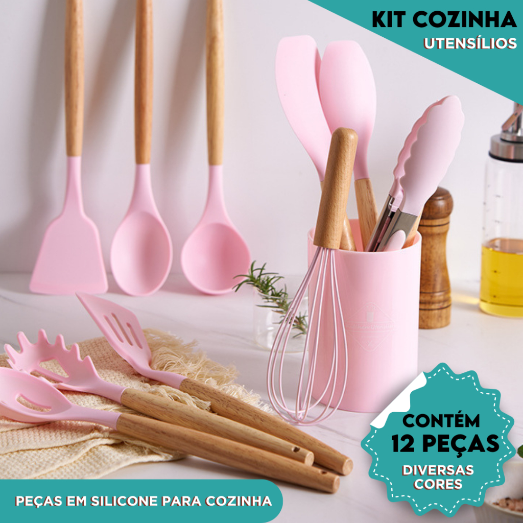 Kit Utensílios de Cozinha Silicone Cabo Madeira Resistente Calor Espátula Colher Antiaderente 4 5 ou 12 Peças