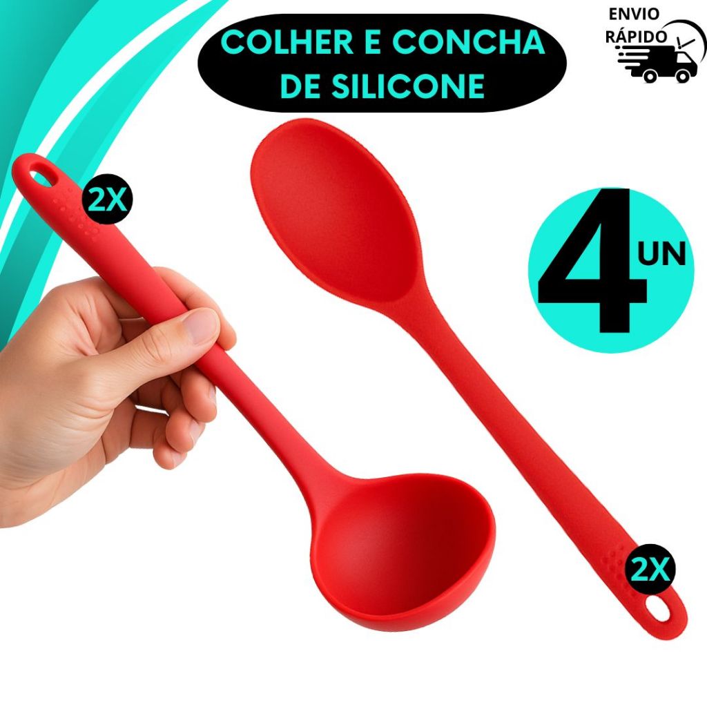 Kit C/4 Peças de Silicone Concha Colher Utensílios Para Cozinha Cabo Longo Antiaderente Resistente