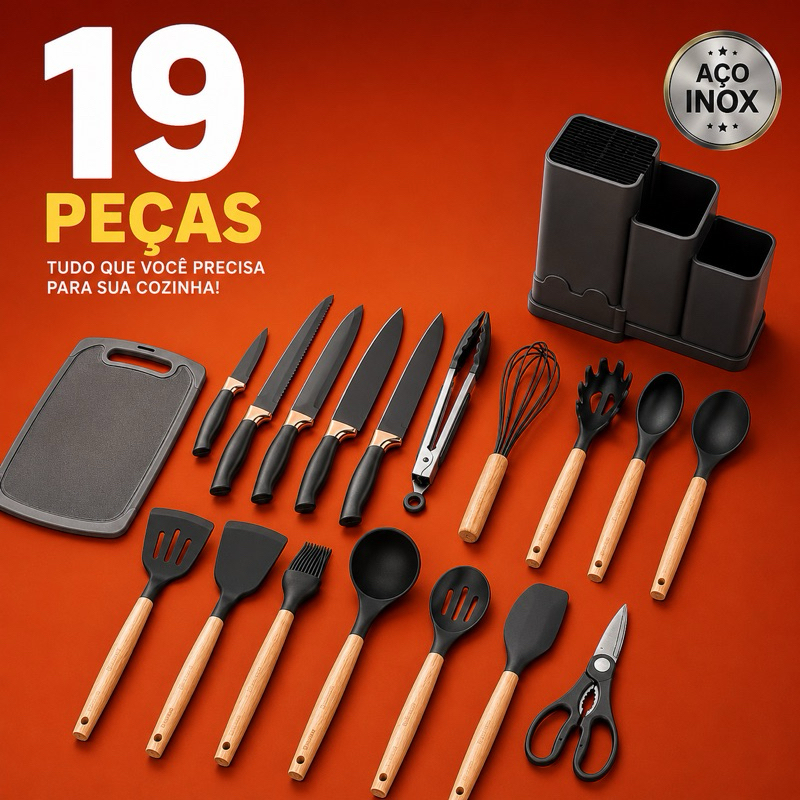 Kit Utensílios Cozinha 19 Pçs Silicone Premium Faca Inox Tábua Corte Cabo Madeira Antiaderente Cozinha Churrasco Premium