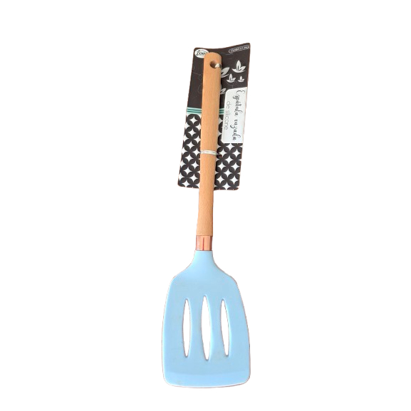 Espátula Vazada Silicone 33cm Cabo de Madeira Antiaderente Resistente ao Calor Premium
